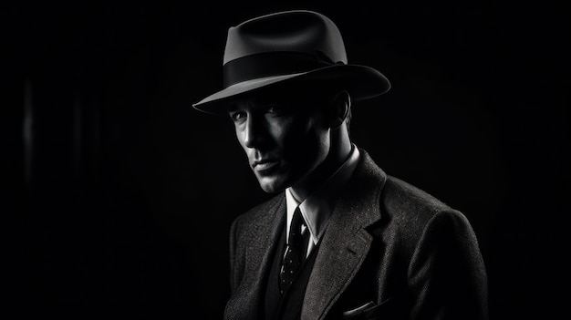 A man in a suit and hat stands in front of a black background.