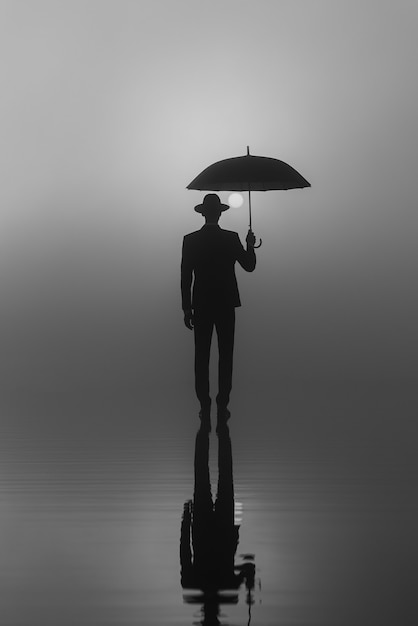 日の出の水の上に立っている傘を持つスーツと帽子の男