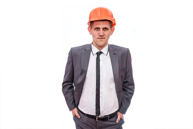 Man in suit and helmet isolated on white