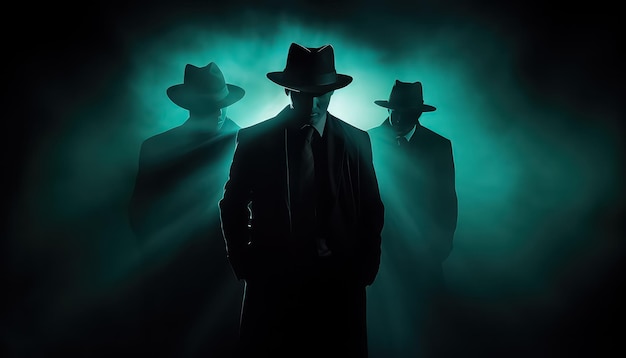 A man in a suit hides his face behind a hat on a dark background with the concept of incognito