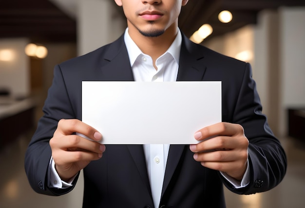 Photo a man in a suit holding a blank white card