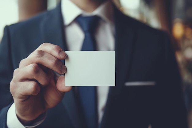 Photo a man in a suit holding a business card