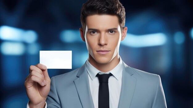 Photo man in suit holding business name card ai