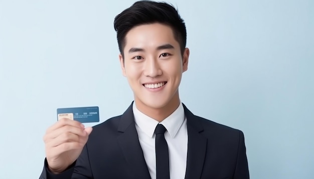 a man in a suit holding a card that says  hes holding it