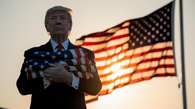 Foto un uomo in abito che tiene una bandiera che dice obama