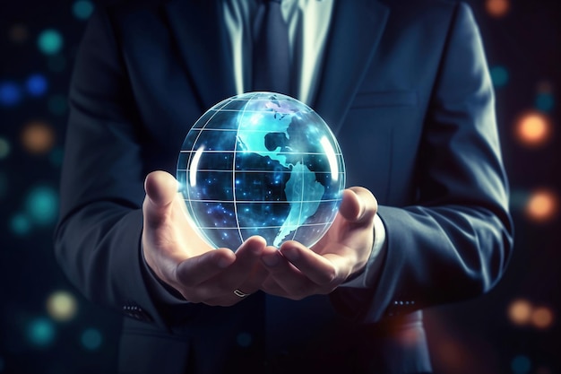 A man in a suit holding a glass globe in his hands