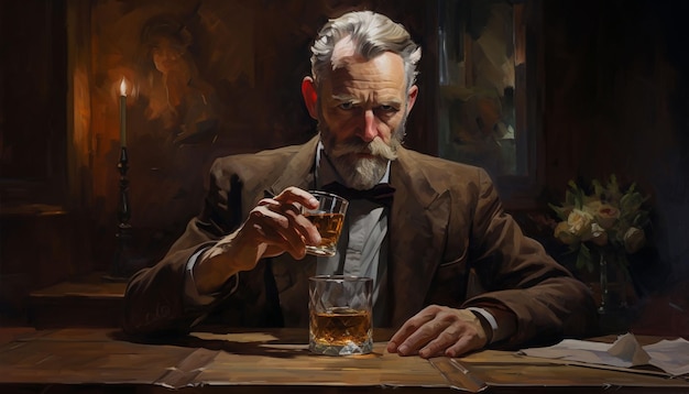 a man in a suit holding a glass of whiskey