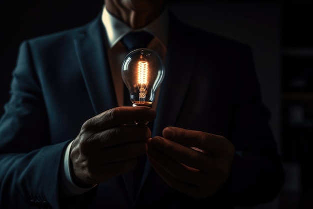 Man in suit holding glowing light bulb Generative AI
