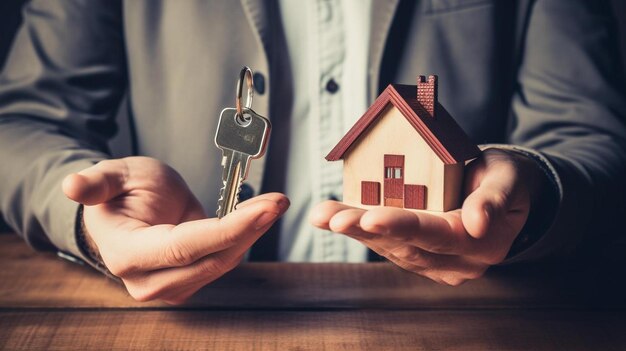 Foto un uomo in abito che tiene una casa e le chiavi