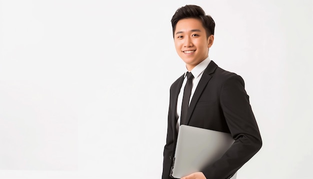 Photo a man in a suit holding a laptop and smiling for the camera