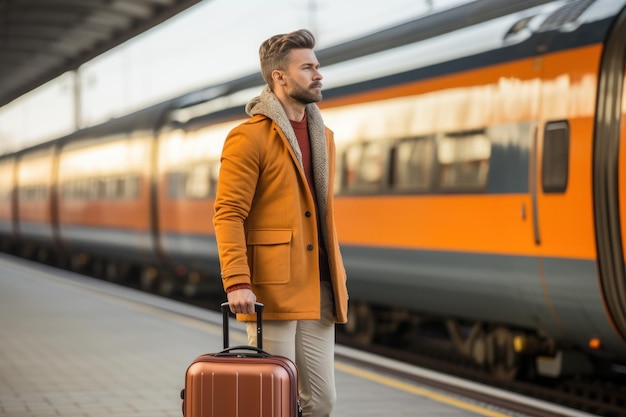 Man in suit holding luggage at train Generative AI