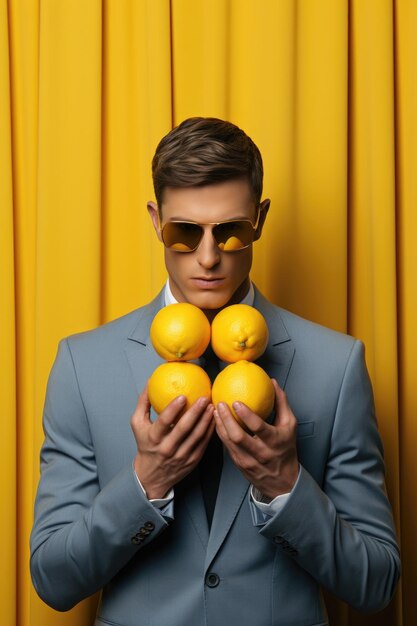 A man in a suit holding oranges in front of his face digital image