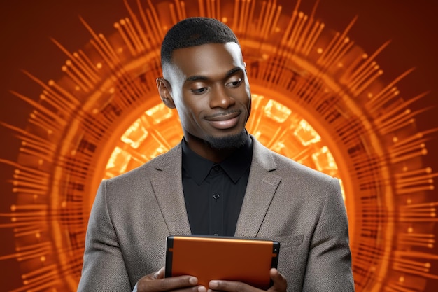 Man in suit holding tablet computer Business technology and communication concepts