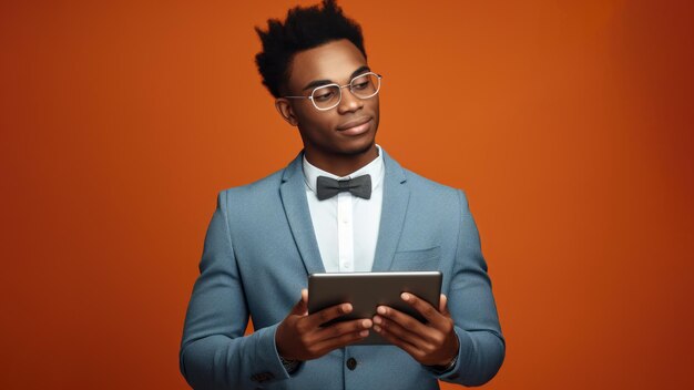 Man in Suit Holding Tablet