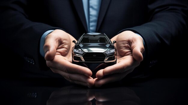 Photo a man in a suit holding a toy car