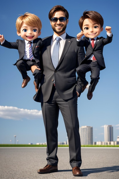 Foto un uomo in costume che tiene due bambini nelle sue braccia e indossa occhiali da sole e una cravatta in piedi su un r