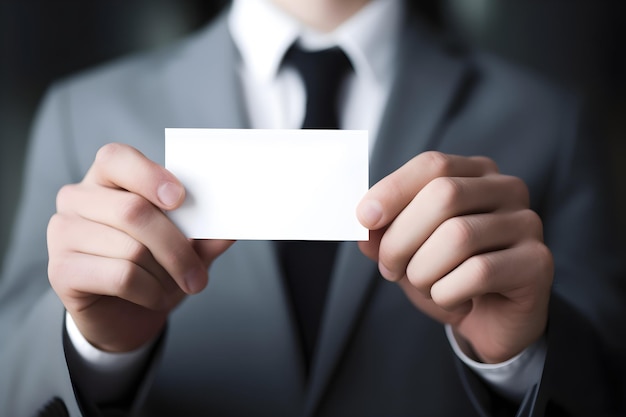 A man in a suit holds a blank white business card.