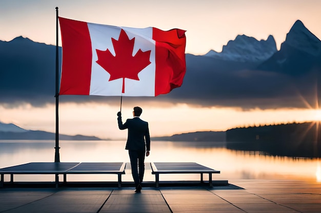 A man in a suit holds a canadian flag in front of a lake.