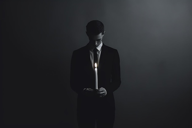 A man in a suit holds a candle in front of a dark background.