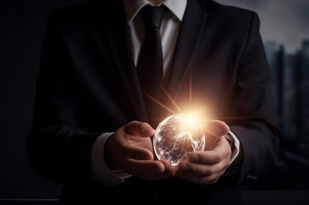 A man in a suit holds a globe in his hands.
