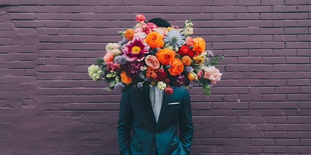 A man in a suit holds a large bouquet of colorful flowers in front of his face