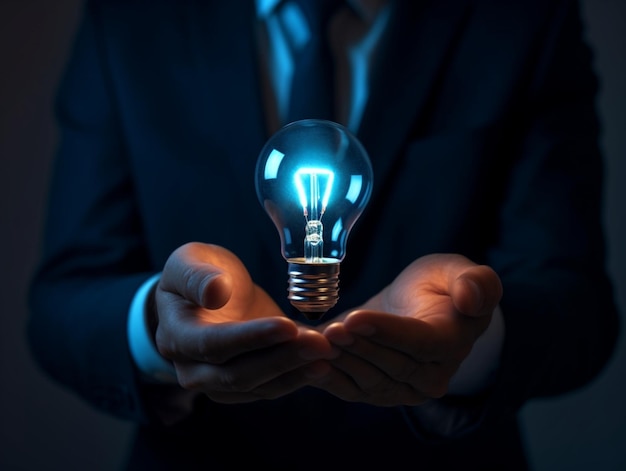 A man in a suit holds a light bulb in his hands.