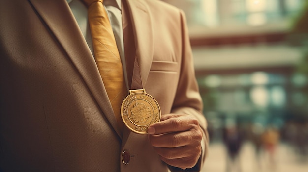A man in a suit holds a medal that says'the year of the snake 'generative ai