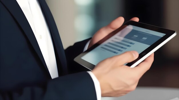 A man in a suit holds a tablet with the word'mobile'on the screen