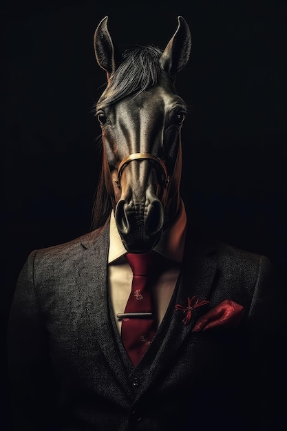 A man in a suit and a horse head with a red tie.