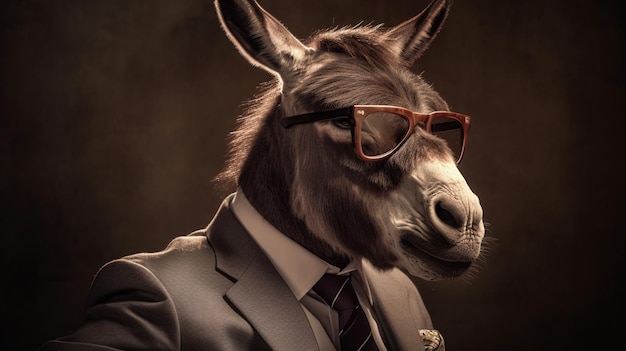 Photo a man in a suit and a horse mask on a drk background conceptual business background