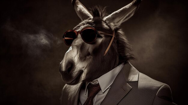 A man in a suit and a horse mask on a drk background Conceptual business background