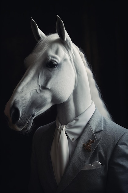 A man in a suit and a horse with a white mane.