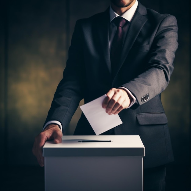 a man in a suit is casting a vote in a box in the style of matte background