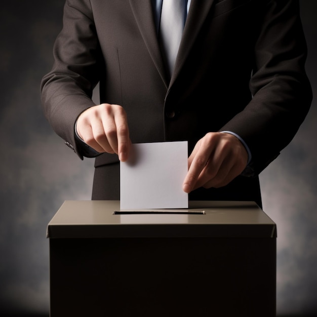 スーツを着た男性がマット背景のスタイルのボックスで投票をしています