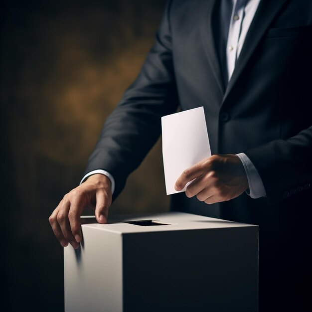 슈트를 입은 남자가 매트 배경 스타일의 상자에서 투표를 하고 있습니다.