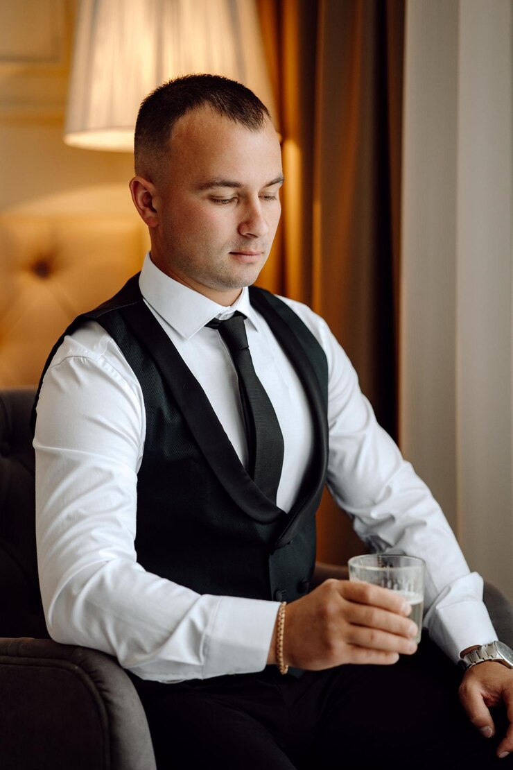 Photo a man in a suit is drinking a glass of water