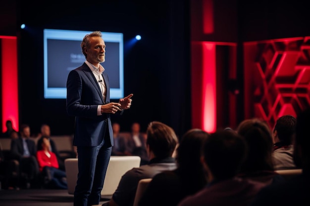 a man in a suit is giving a presentation in front of a screen that says " we're at the top right ".