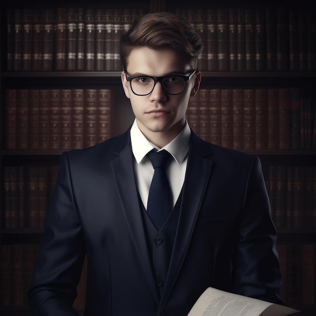 A man in a suit is holding a book in front of a law bookshelf.