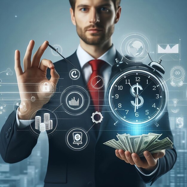 Photo a man in a suit is holding a clock and some money