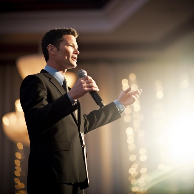 Photo a man in a suit is holding a microphone and giving a speech.