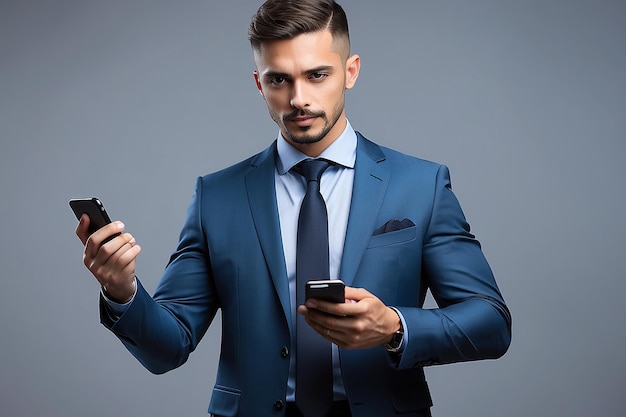 Photo a man in a suit is holding a phone and a phone