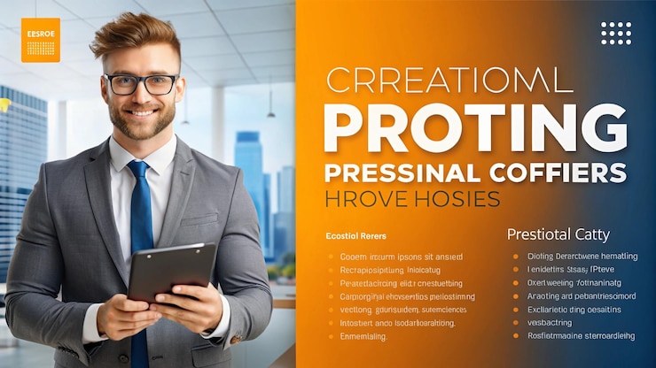 Photo a man in a suit is holding a tablet in front of a poster that says quot create your own business quo