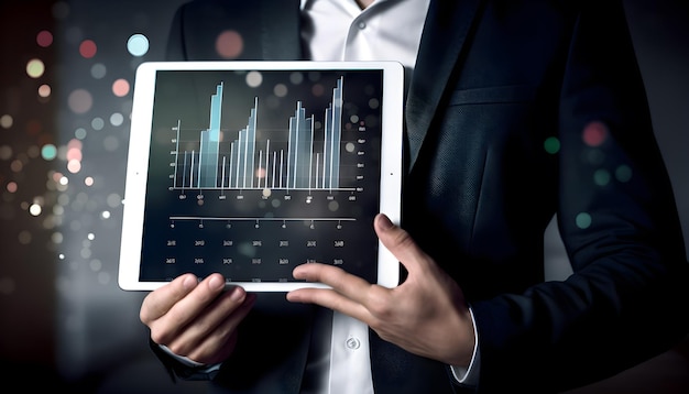 a man in a suit is holding a tablet with graphs