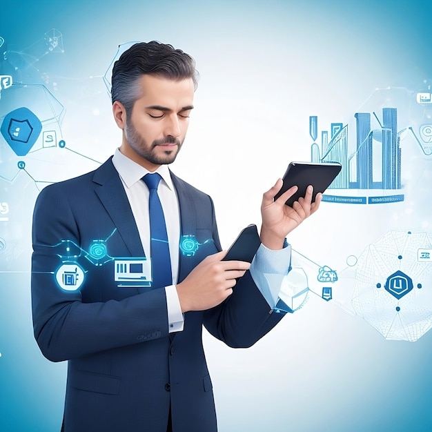 A man in a suit is holding a tablet with the words internet on it