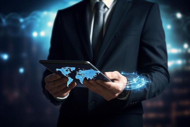 a man in a suit is holding a tablet with the world on it