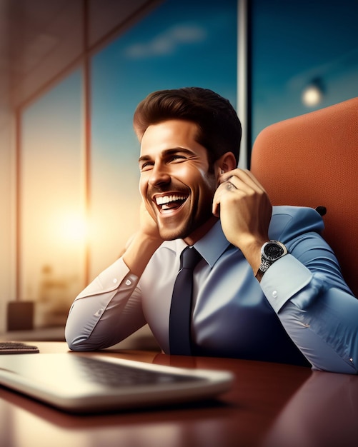 A man in a suit is laughing and is sitting at a desk with a laptop.