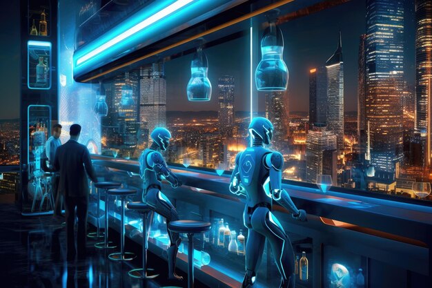 A man in a suit is looking at a bar with a view of a city.