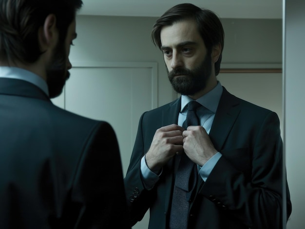 A man in a suit is looking at himself in a mirror