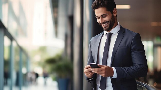 a man in a suit is looking at his cell phone