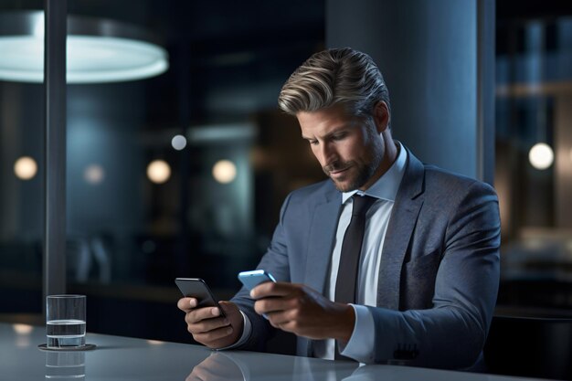 Photo a man in a suit is looking at his phone and drinking coffee.